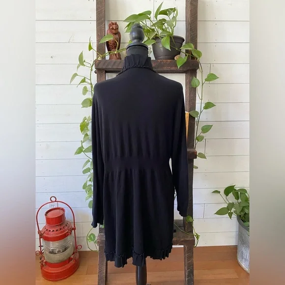 Valerie Steven’s: Elegant Black Open-Front Cardigan Sweater with Ruffle Trim - Picture 3 of 17